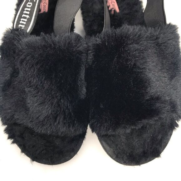 Juicy Couture Black Fuzzy Faux Fur Peep Toe Signature Slippers - Picture 6 of 10